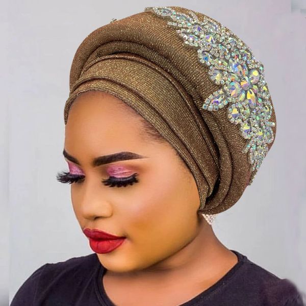 Luxus Strass Turban Hut für Frauen Glitter Afrikanische Wrap Kopf Kopfbedeckungen Nigeria Auto Gele Headtie Turbante Mujer 240227