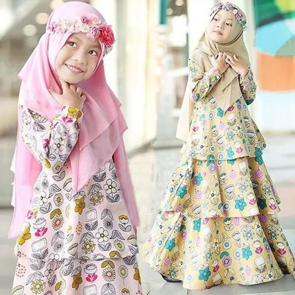 Sets Muslim Mädchen Kuchen Kleid 2 Stück Sets Islamische Kleidung Hijab Abaya Kinder Niqab Burka Kinder Drucken Blume Kaftan Party kleid