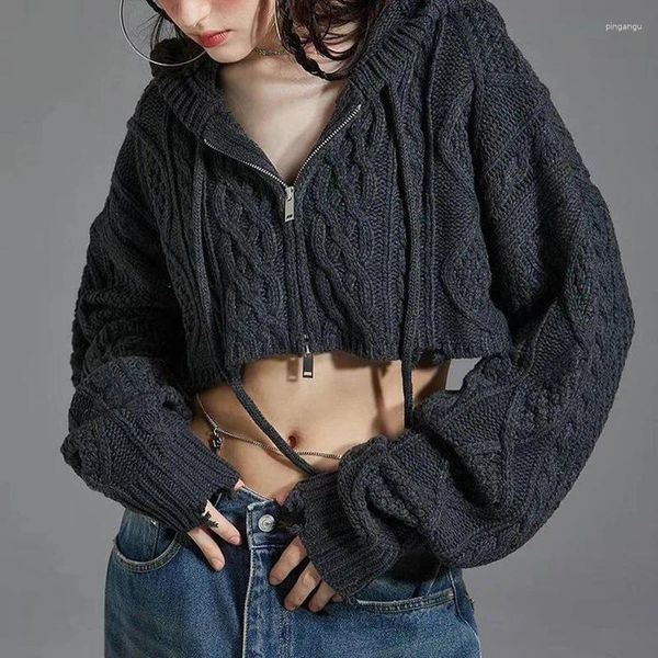 Frauen Strick Mädchen Lose Twisted Einfarbig Zipper Mit Kapuze Strickjacke Kurze Gestrickte Jacke 2024 Frühling Faul Stil Vielseitig Pullover