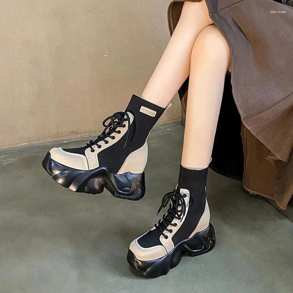 Botas primavera mulheres grossas sola tornozelo outono plataforma de luxo casual feminino 7cm salto alto cunha sapatos mulher tênis