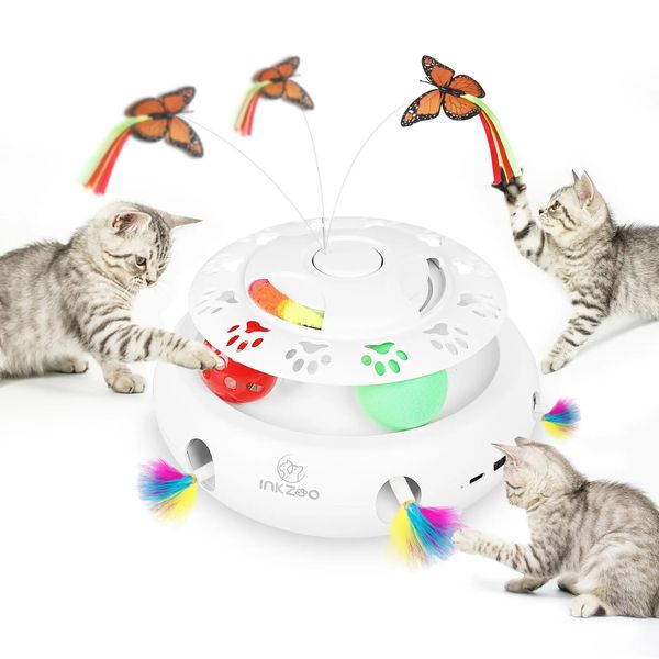 INKZOO 4-in-1 interaktives Katzenspielzeug für Hauskatzen, automatisch, 6 Löcher, Mäuse, Whack-A-Mole, flatternder Schmetterling, Trackballs, USB 240226