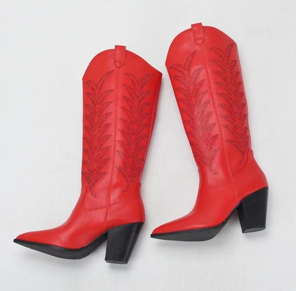 Botas Red Strass Cowboy para Mulheres Joelho Alto 2024 Traf Moda Bordado Western Cowgirl Sapatos de Inverno