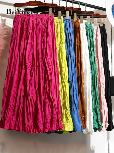 Платья Beiyingni повседневная шикар винтажная плиссированная юбка Женщины летняя корейская мода сплошной цвет длинные миди -юбки девочки мягкая черная розовая фалда