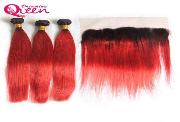 T1B Vermelho Reto Ombre Brasileiro Virgem Cabelo Humano Tece 3 Pacotes Com 13x4 Orelha a Orelha Fechamento Frontal Com Cabelo Do Bebê Bleac7688509