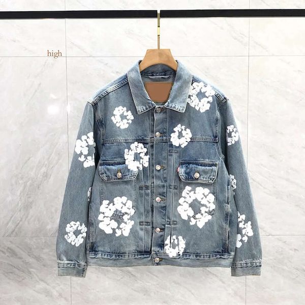 Mens Floral Padrão Denim Casaco Lavar Botão Azul Letras Camisas Mulher Designer Jaquetas Alta