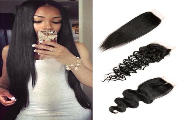 Cabelo virgem brasileiro fechamento de renda 4x4 polegadas onda corporal reta onda profunda parte média cabelo humano fechamento brasileiro cabelo malaio v6462582