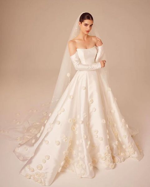 Luxus Dubai 3D Blumen Hochzeit Kleid mit Langen Ärmeln 2024 Vestido de Novia Elegante Arabische Frauen Brautkleid