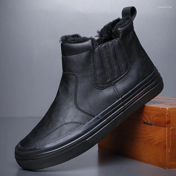 Sapatos casuais masculinos botas de inverno impermeável flanela de couro alto deslizamento de borracha masculina quente para inverno