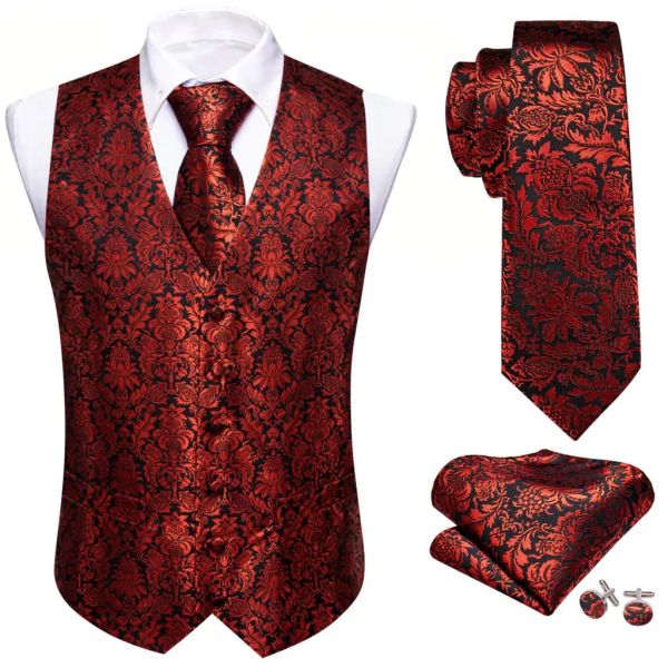 Coletes Designer Colete para Homens Seda Bordado Vermelho Preto Flor Colete Gravata Conjunto Casamento Formal Terno Sem Mangas Jaqueta Barry Wang