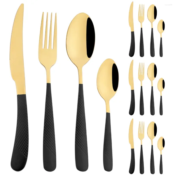 Conjuntos de louça 16 pcs conjunto de ouro preto vintage faca garfo colher de chá talheres de alta qualidade talheres de aço inoxidável utensílios de cozinha