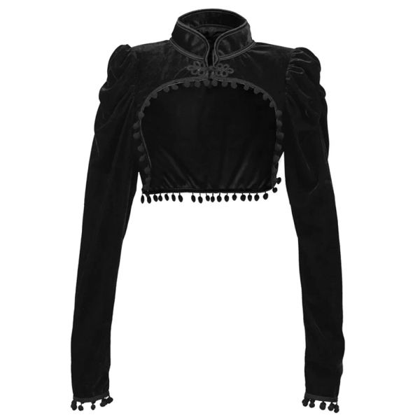 Jaquetas Preto Veludo Curto Steampunk Crop Jacket Stand Manga Longa Outono Mulheres Gótico Bolero Victorian Casaco Vintage Corset Acessórios