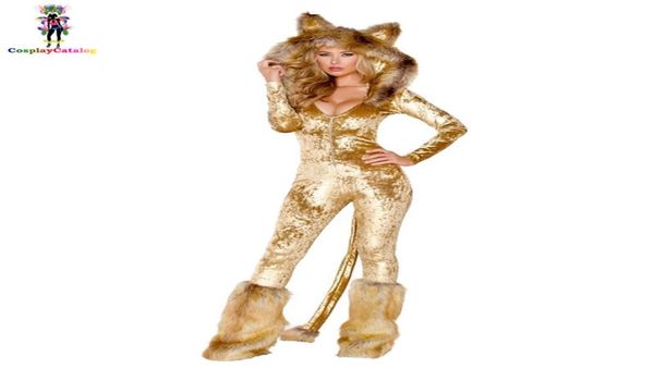 Pelziger Samt Erwachsene Frauen Halloween Kostüme Erwachsene Party Tier Sexy Löwe Kostüm Kunstpelz Deluxe Langarm Weiblicher Strampler4473200