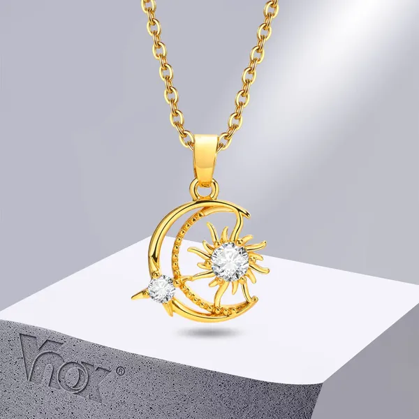 Collane con ciondolo Vnox Donna Squisita Bling CZ Pietra Luna Stella Collana Color oro Acciaio inossidabile Metallo Crescent Collare Gioielli regalo