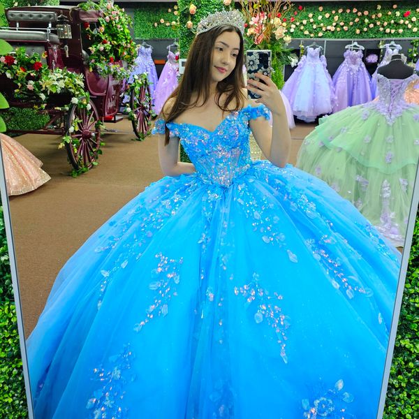 Платье Quinceanera с 3D цветочной аппликацией и пайетками. Блестящий тюлевой шар. Мексиканская айва. Сладкое платье 15/16 для вечеринки по случаю дня рождения для 15-й девочки. Драматическое зимнее торжественное платье для выпускного вечера с открытыми плечами.