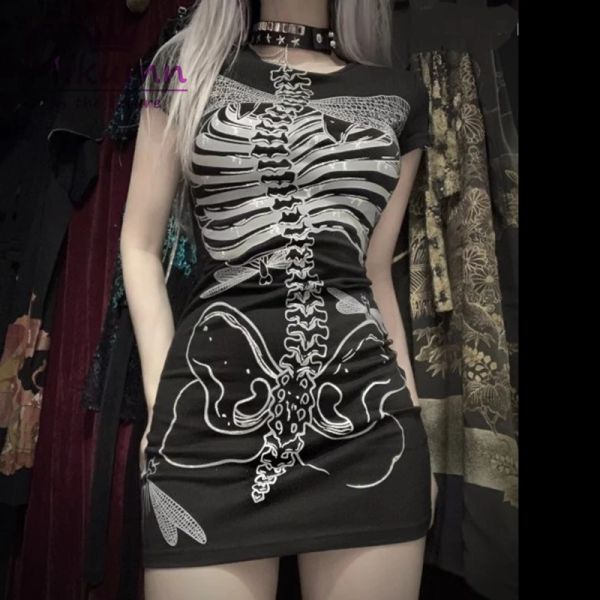 Kleid Mikumn Harajuku dunkler Gothic Skull Print Fairy Grunge Schwarze Kleid Rock Punk Bone Sexy Slim Bodycon Mini Kleid Streetwear