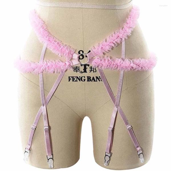 Strumpfbänder Kawaii Rosa Beinstrumpfband Frauen Körpergeschirr Käfig Pastell Goth Sexy Dessous Braut Hochzeit Bondage Strumpf Verstellbarer Gürtel