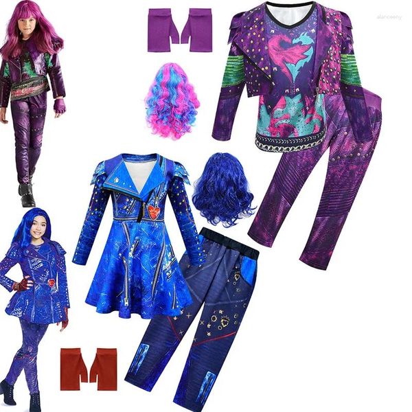 Kleidungssets Kinderkostüm für Mädchen Evie Mal Descendants Cosplay Kostüme mit Perücke Kinder Halloween Karneval Party Kleid Hosen Set