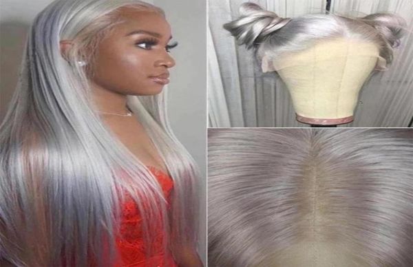 Prata cinza t parte frente do laço perucas de cabelo humano peruano em linha reta pré arrancado 13x1 peruca cinza longo Polegada remy89669189356074