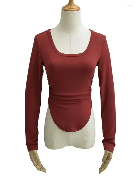 T-shirt da donna girocollo a pieghe top maglione inferiore 2024 primavera orlo curvo slim fit maglietta a maniche lunghe corta per donna 9KPN