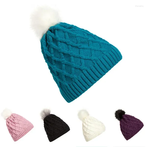 Berets L5YA Moda Mulheres Senhora Faux Fur Bola Inverno Quente Crochet Chapéu De Malha Ski Cap Beanie