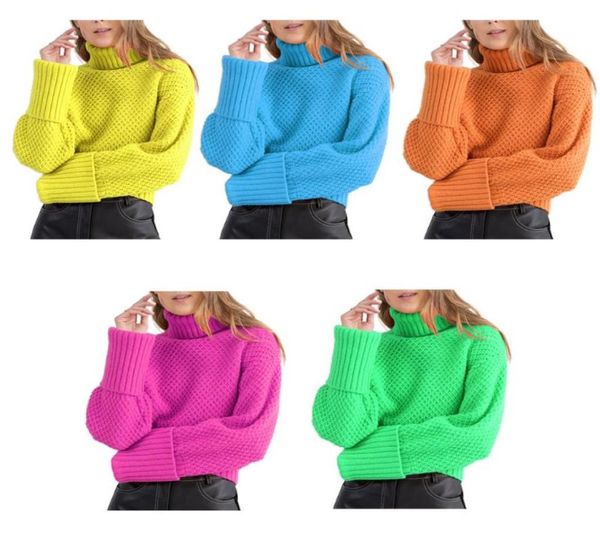 Maglione da donna a maniche lunghe in maglia a nido d'ape dolcevita fluorescente al neon tinta unita allentato top pullover maglione streetwear2997190