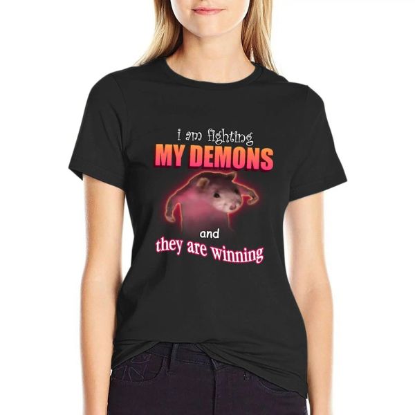 Camisas Eu estou lutando contra meus demônios e eles estão ganhando rato palavra arte meme camiseta camisa de impressão animal para meninas camisetas femininas gráficas