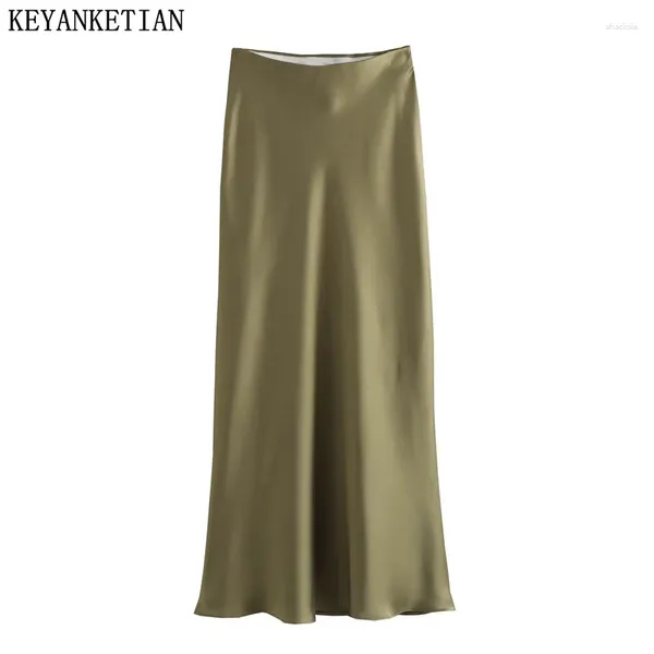 Юбки KEYANKETIAN, осенняя женская шелковая атласная юбка, офисная женская юбка во французском стиле с высокой талией на молнии, трапециевидная длина до щиколотки, однотонная миди