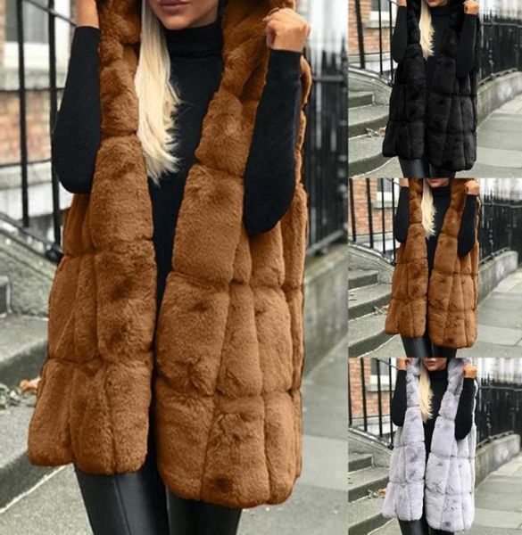 Women039s coletes 2021 chegada das mulheres casacos de inverno da pele do falso gilet colete sem mangas quente femme com capuz jaqueta longa outwear4187655