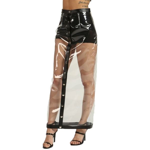 Rock Dessous Sexy Transparenz PVC Leder Durchsichtige Röcke Knopfperspektive Maxirock Bleistift Langer Humpelrock Erotische Mode