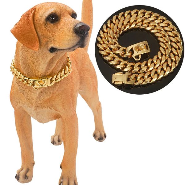 18K Gold Hundehalsband 304 Edelstahl 14mm breit Haustier Halsband Metall Halskette Zubehör Zubehör für Hunde Kette 240226
