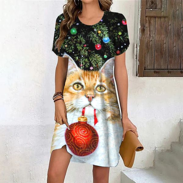 Платье с милым принтом для женщин, рождественская женская одежда с котом, зимние мини-платья с короткими рукавами, модное повседневное сексуальное вечернее платье