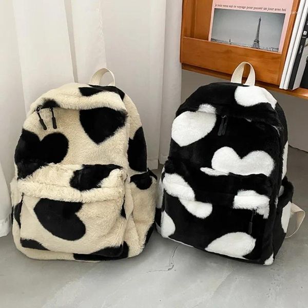 Schule Taschen Herz Druck Plüsch Rucksack Für Mädchen Niedliche Flauschige Winter Rucksäcke Kinder Kinder Geschenk Buch Tasche Mochilas Para Mujer