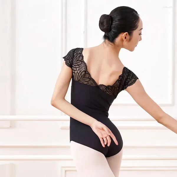 Abbigliamento da palco Elegante pratica quotidiana Body da danza classica per adulti Design in pizzo nero Ginnastica Abiti da ballo Donna Alta qualità