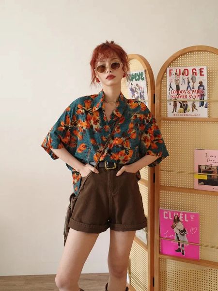 Camisa de férias manga curta t camisa solta flor impressão vintage y2k roupas blusas verão mulher 2023 frete grátis