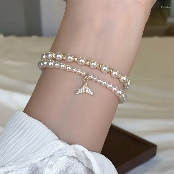 Bracciale a doppio strato con perle di zirconi in stile coreano alla moda, gioielli femminili eleganti e alla moda