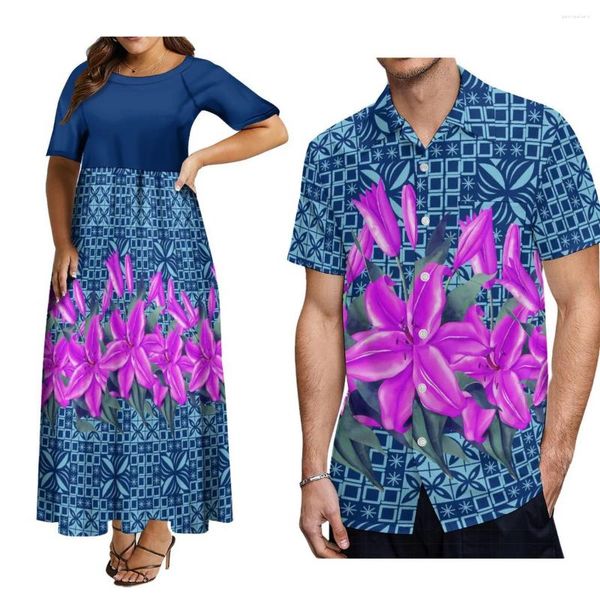 Abiti casual Design tribù polinesiane Abiti da coppia blu Gonne maxi samoane girocollo da donna con camicie da uomo hawaiane