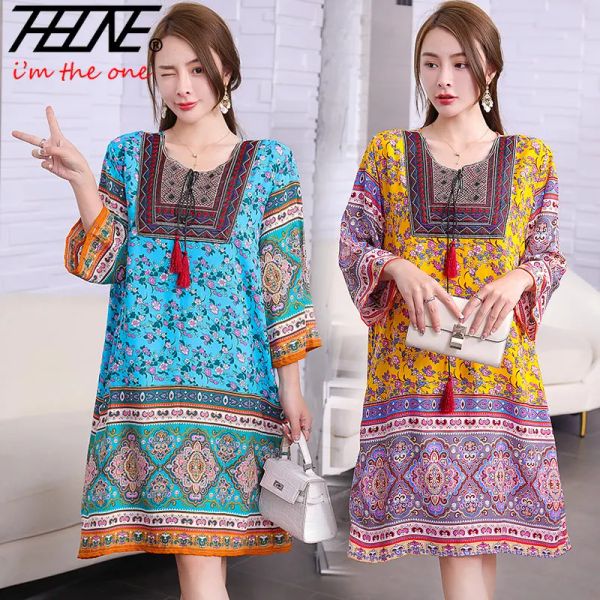 Kleid THHONE Robe Indisches Kleid Frauen Midi Floral Oversize Print Bohemian Boho Casual Lose Gestickte Blumen Strand Vestidos Weiblich