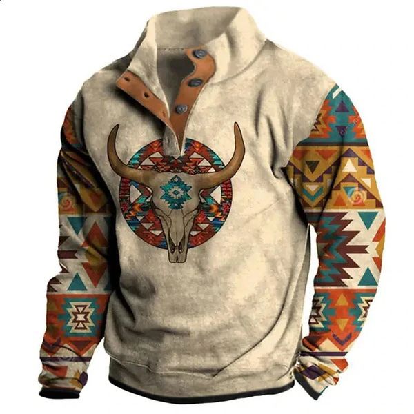 Mens Hoodie Outono Manga Longa Moletom Vintage Aztec Vaca Crânio Impressão Oversized Y2K Roupas Botão Moda Hoodies para Homens 240301