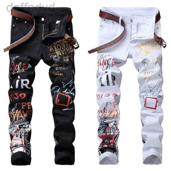 Männer Jeans High Street Fashion Herren Nachtclub Schwarz Weiß Farbe Persönliche Designer Gedruckt Männer Punk Hosen Skinny Hip Hop H220714 240305