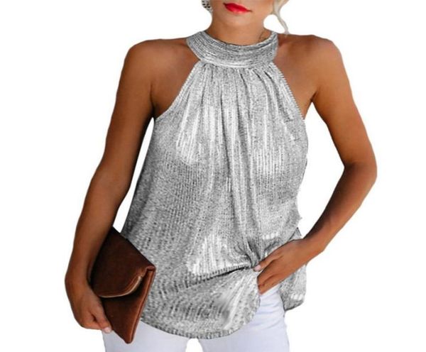 Plus size 5xl feminino ouro prata preto glitter blusa camisa 2020 novo verão sem mangas halter colete casual solto topos e blusas9193781