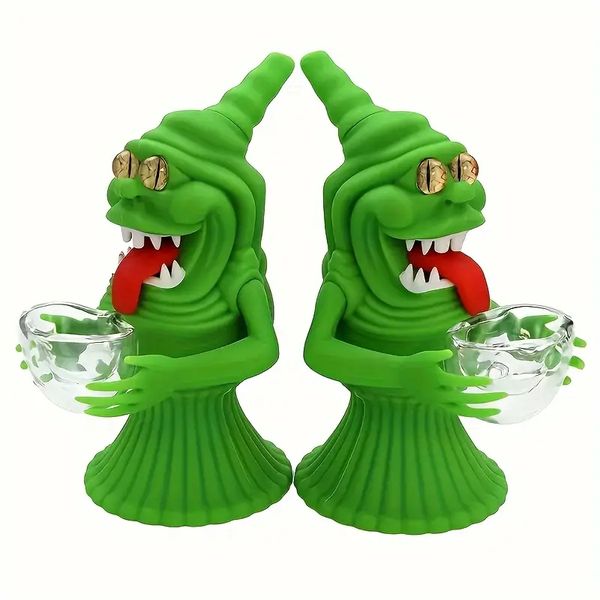 Commercio all'ingrosso 5,9 pollici Silicone viso verde lingua lunga mostro Bong per acqua fumante con ciotola di vetro Accessori per fumatori