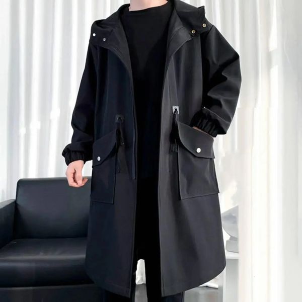 Cappotto lungo trench da uomo autunno primavera nero hip hop cappotti giapponesi streetwear uomo con cappuccio verde militare kaki giacche casual 240226