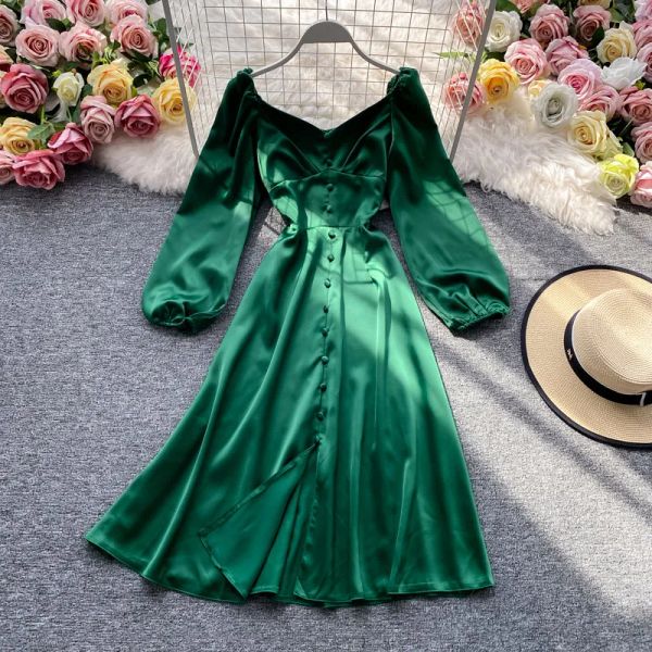 Kleid Elegante Chiffon Flare Langarm Maxi V-ausschnitt Kleider Chic Koreanische Dame Weiße Robe Boho Grün Vestidos Schwarz weibliche Kleidung