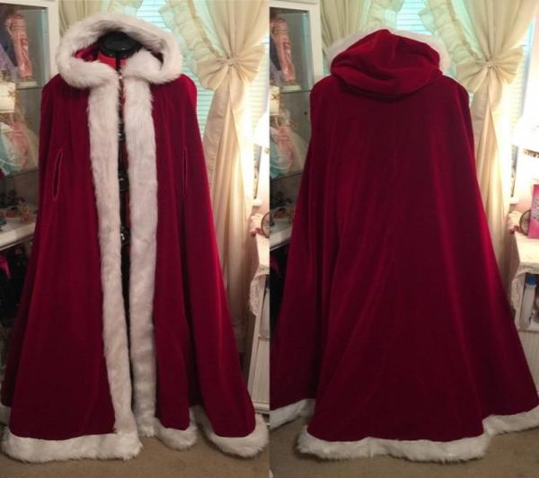 Mantello con cappuccio in velluto di pelliccia rosso scuro intero Mantelli da sposa Mantelle 2018 Inverno Elegante giacca lunga da sposa Abiti da damigella d'onore1672876