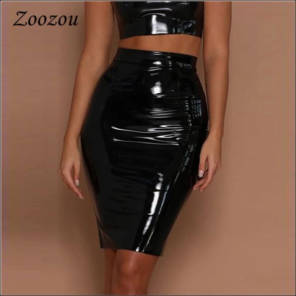 SAIR SKIRT FILEM FAUX LATEX SAIRS, ACIMA MONE, CORRETO CORRETO, CELO DE PATENTA