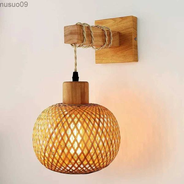 Lâmpada de parede de bambu lanterna lâmpada de parede natural rattan vime e27 lustres mão-tecido bambu decoração do quarto abajures luminárias de parede