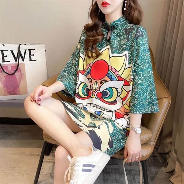 Kleid #4471 Chinesischen Stil Vintage Cartoon 3D Gedruckt T Shirt Kleid Kurzarm Lose Stehkragen Grün Cheongsam Mini Kleid sommer