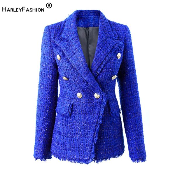 Blazers yeni kış kalın kumaş tweed kraliyet mavi ceketleri kadınlar için 2022 parlayan sıska lüks bayan blazer