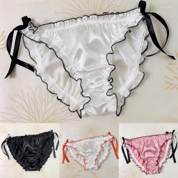 Mutandine da donna imitano raso di seta con lacci Bikini sexy slip a vita bassa intimo lingerie mutandine di pizzo solido