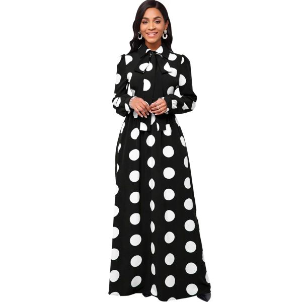 Vestido casual masculino elegante vestido longo de manga longa manto feminino arco krot polka Dots Girl's Vestidos Elegant Lady's Maxi Dresses